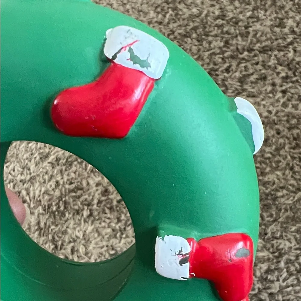 Green Holiday Donut Squeaky Dog Toys with Red Accents